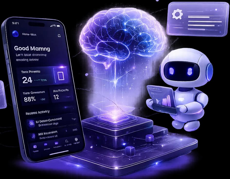 AI and automation — neural network brain with robot assistant