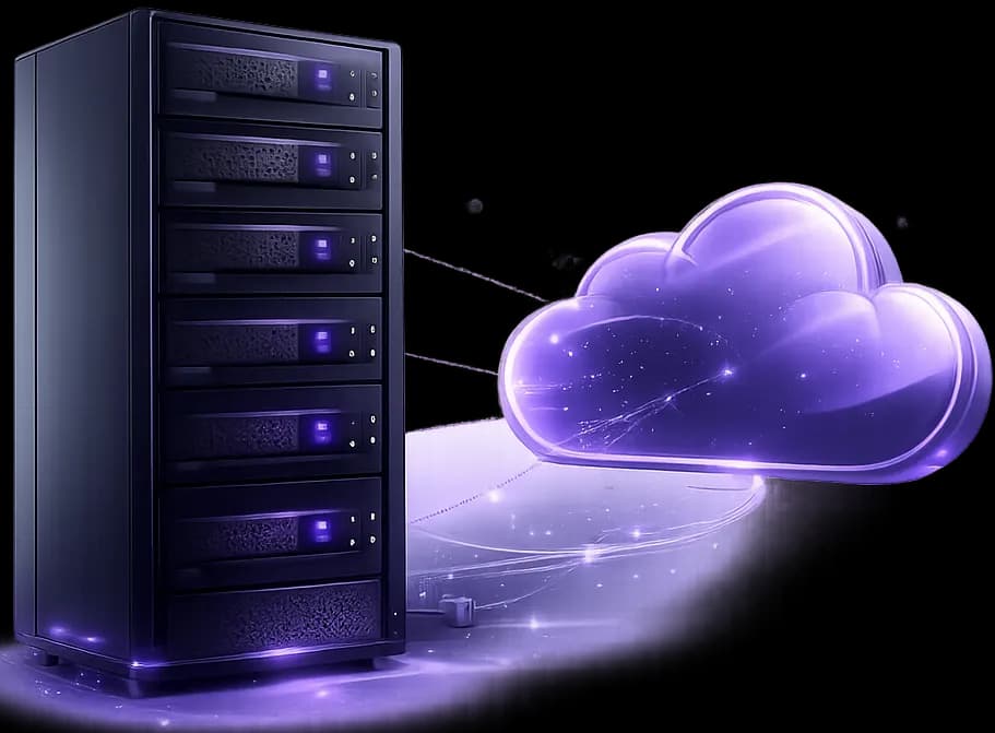 Backend solutions — server rack connected to cloud infrastructure