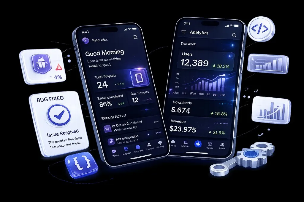 Mobile development — smartphones showing app dashboards