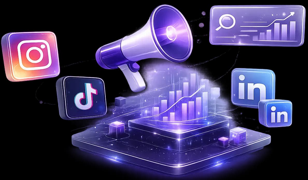 Social media marketing — megaphone with platform icons and analytics