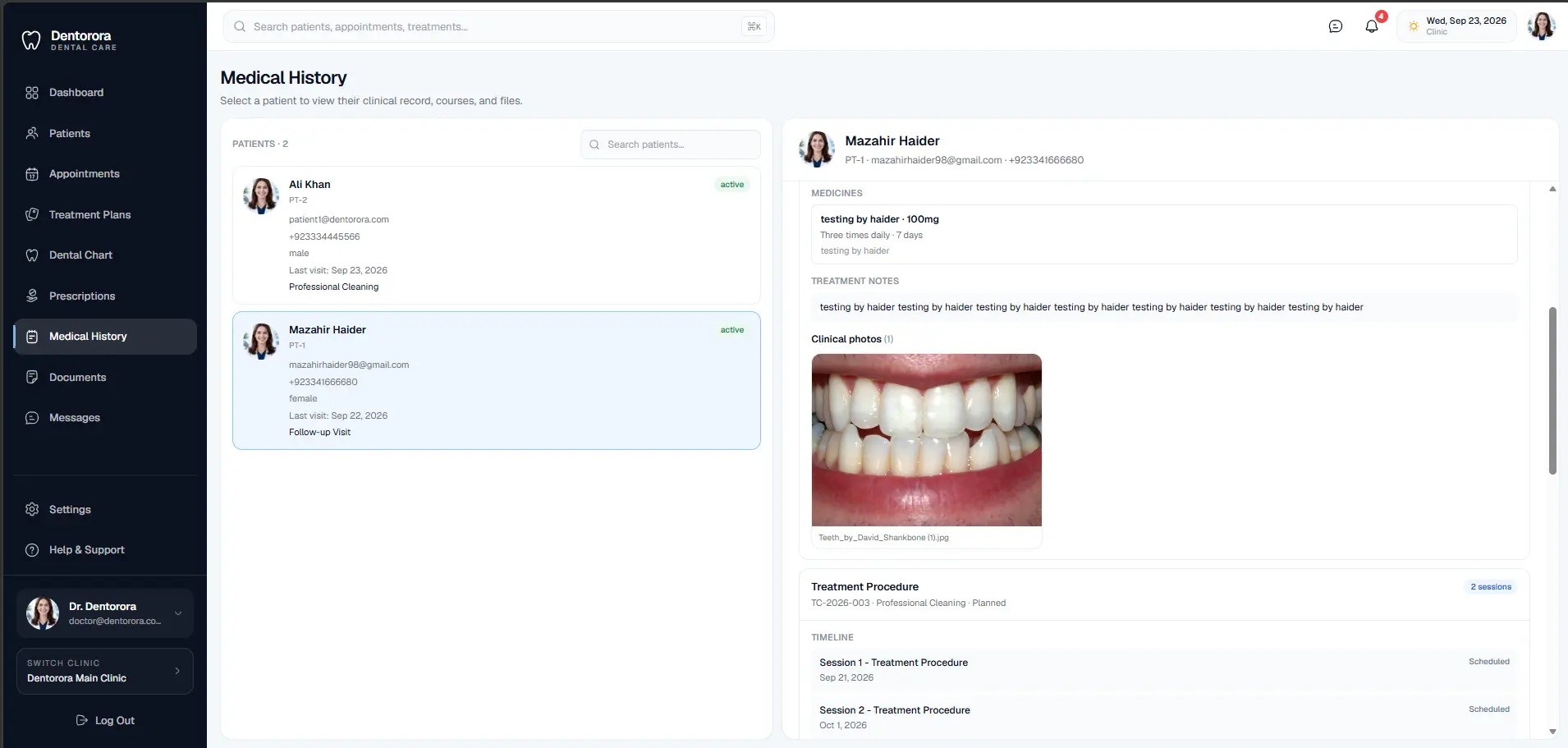 Dentora patient list and clinical record panel