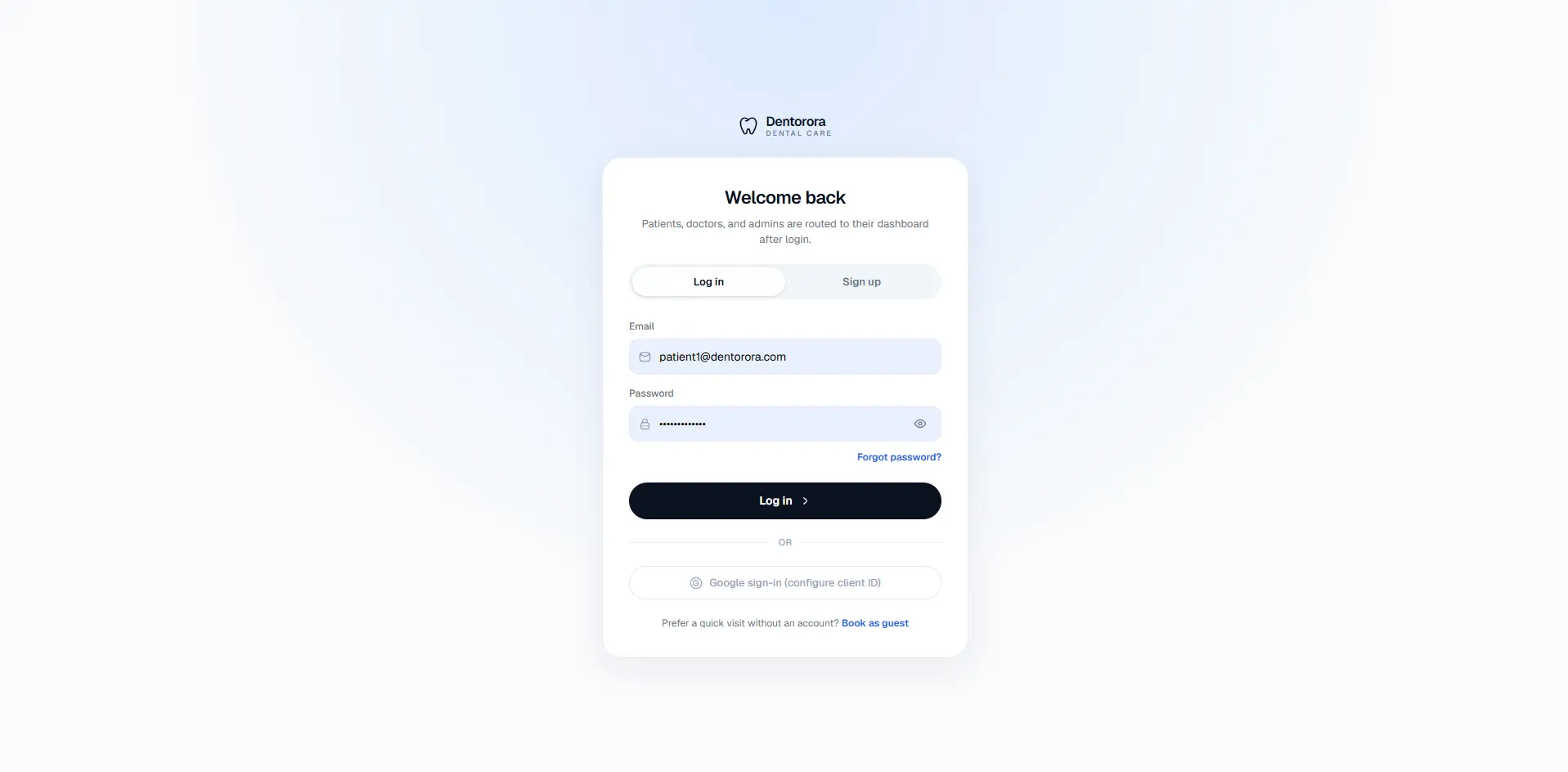 Dentora login screen for patients, doctors and admins