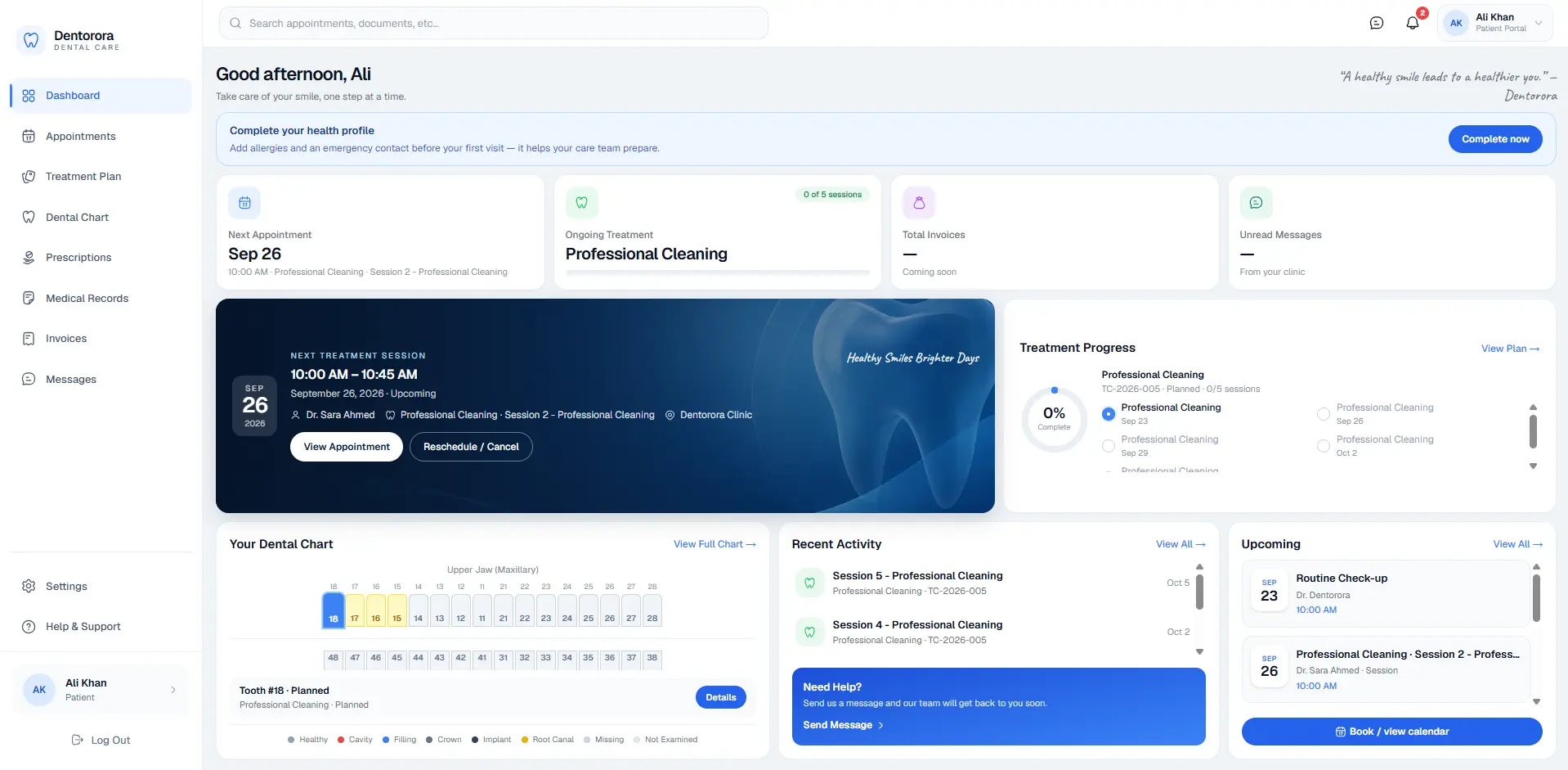 Dentora patient portal dashboard