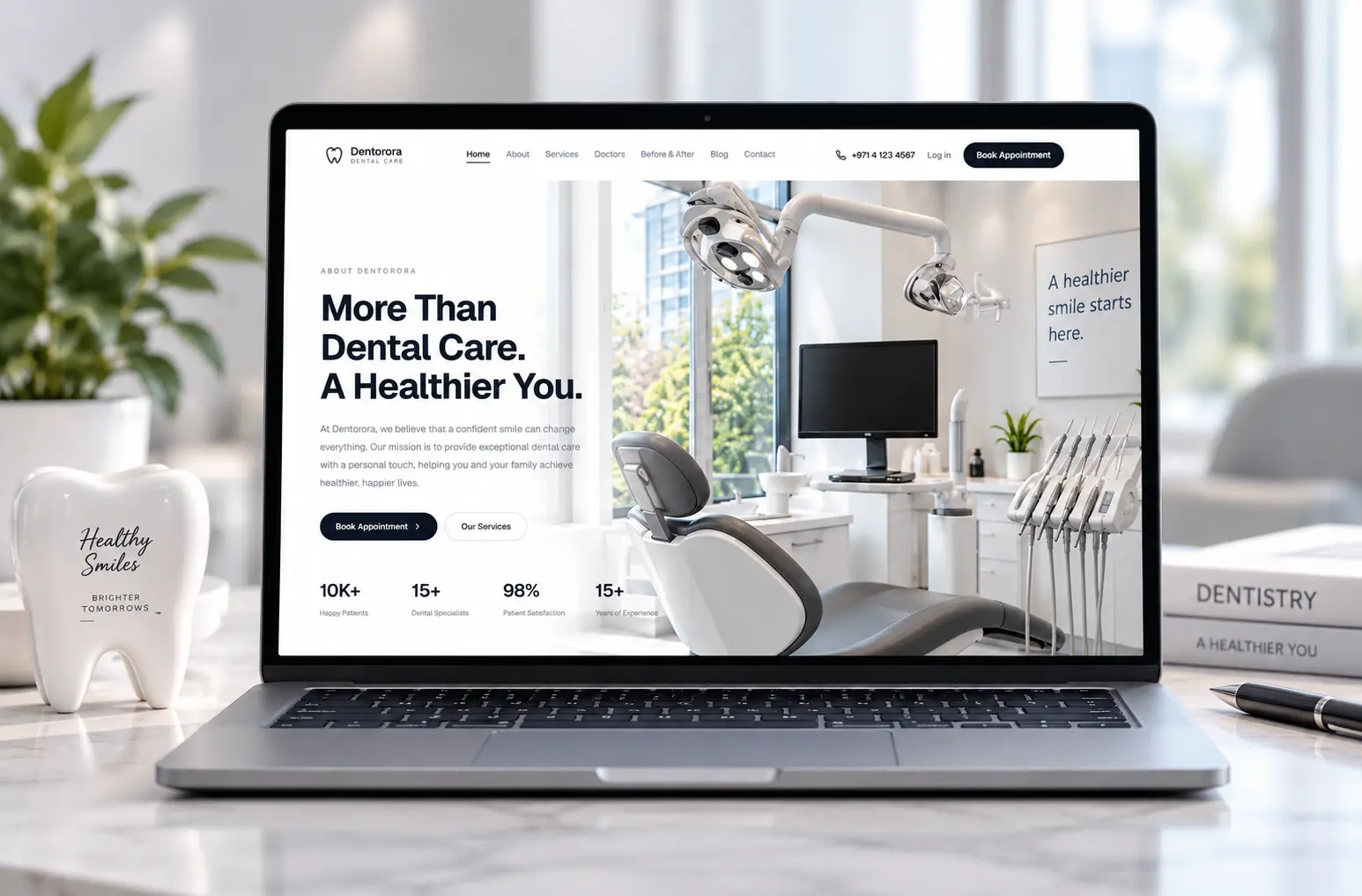 Dentora dental website shown on a laptop mockup